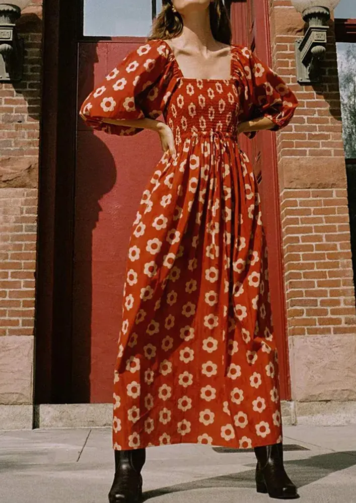 Red Floral Motif A-line Long Dress