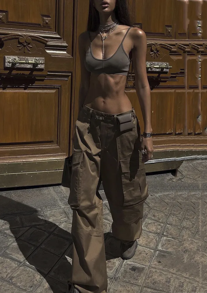 COTTON WIDE-LEG BROWN CARGO PANTS