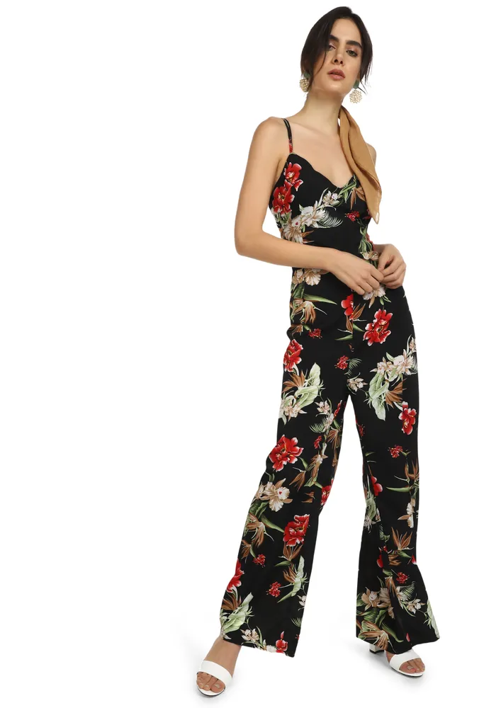 TROPICAL ESSENTIALS BLACK FLORAL JUMPSUIT