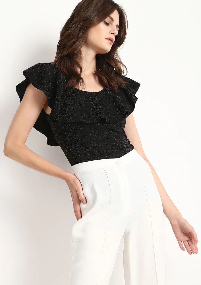 BLACK SHIMMER OFF SHOULDER LUREX BODYSUIT