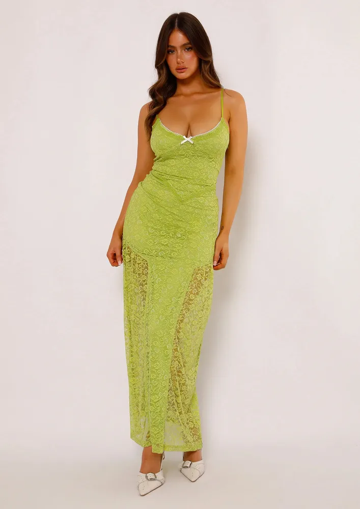 Green Picot Trim Lace Maxi Dress