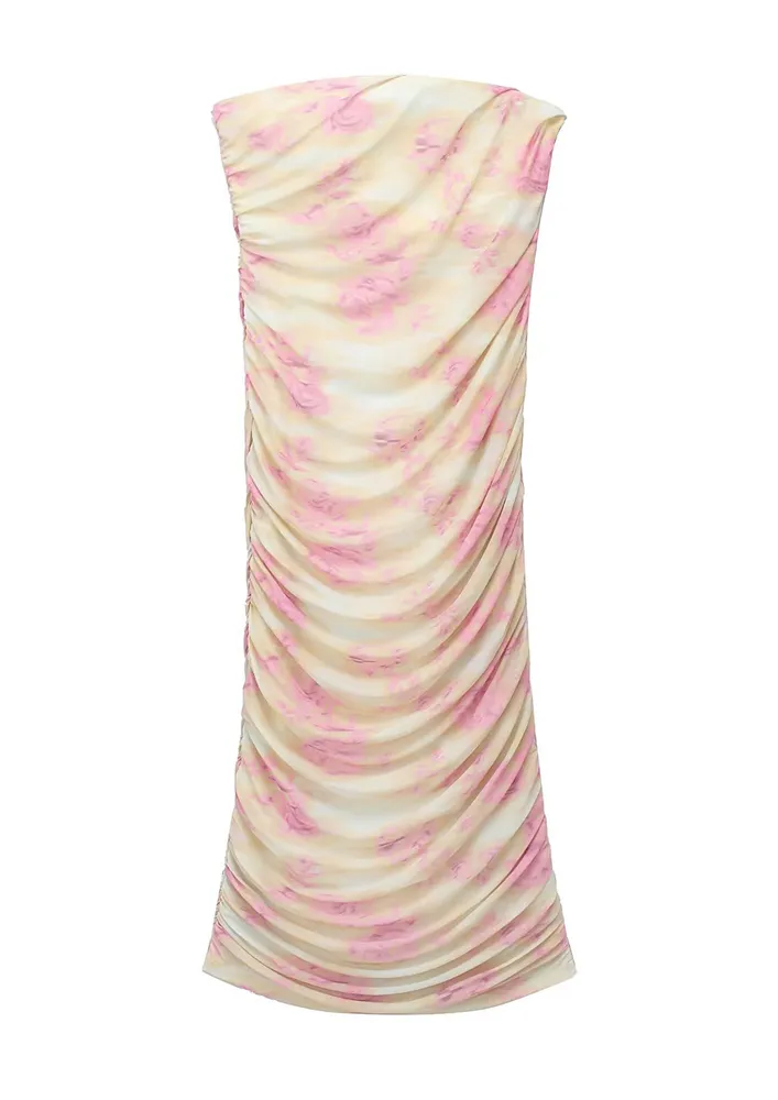 LIGHT-PINK SHIRRED MIDI BANDEAU DRESS