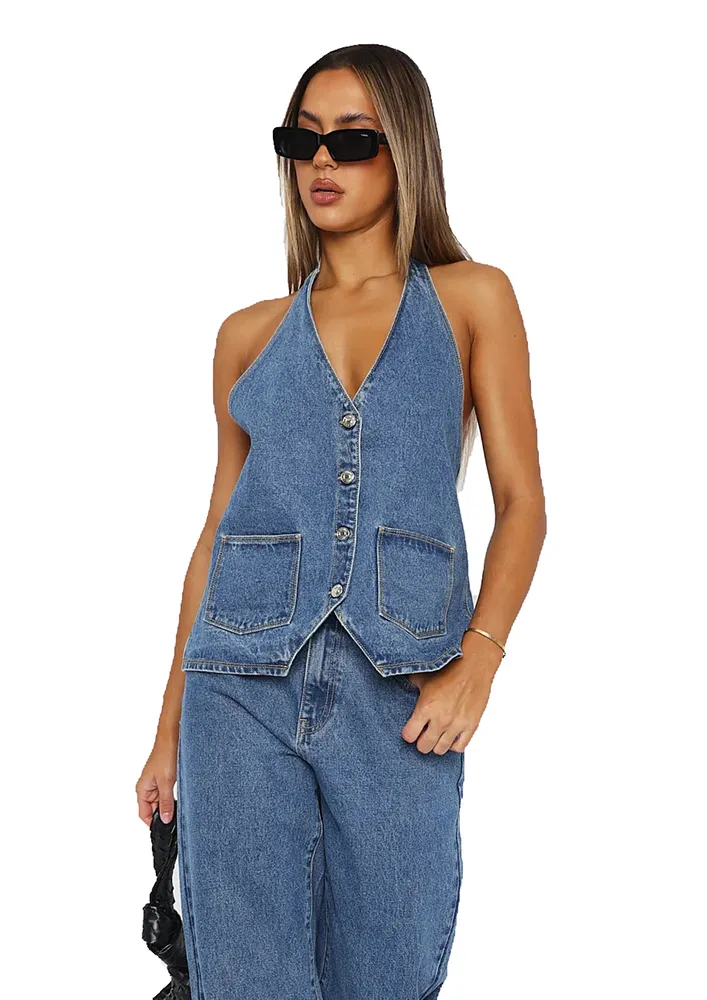 Light Blue Button-up Denim Vest Top