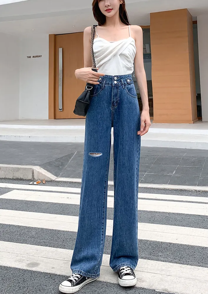 HIGH-WAIST DARK BLUE STRAIGHT JEANS