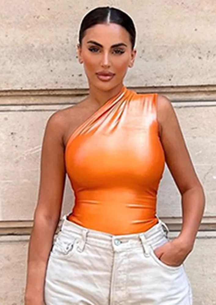 ORANGE ONE-SHOULDER METALLIC BODYSUIT