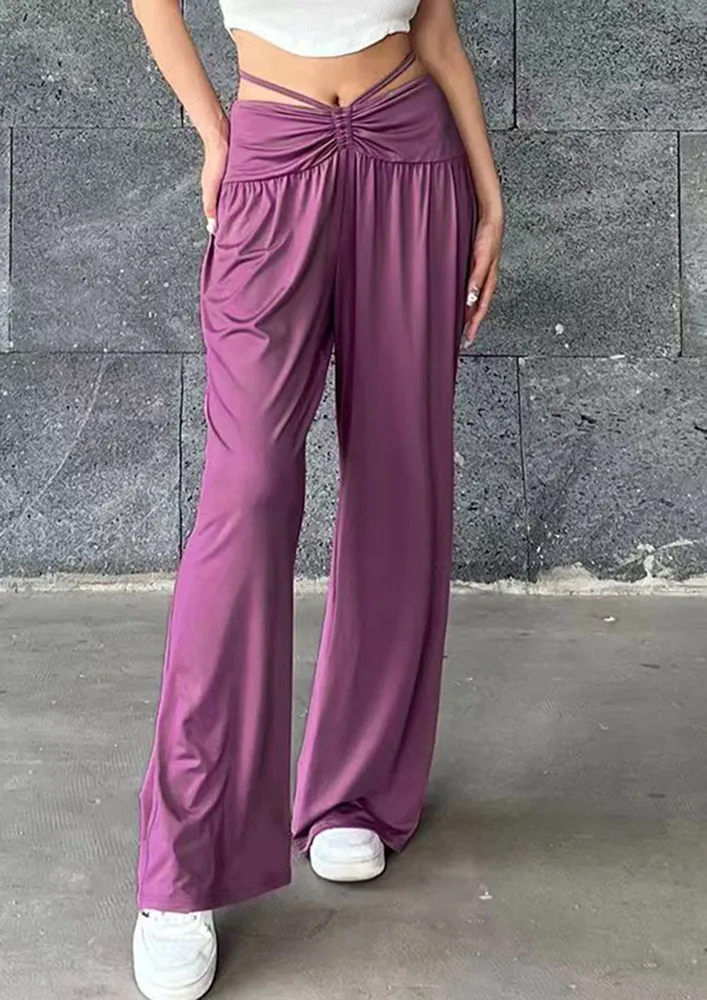 PUPRLE SHIRRED-STRAP WIDE TROUSER