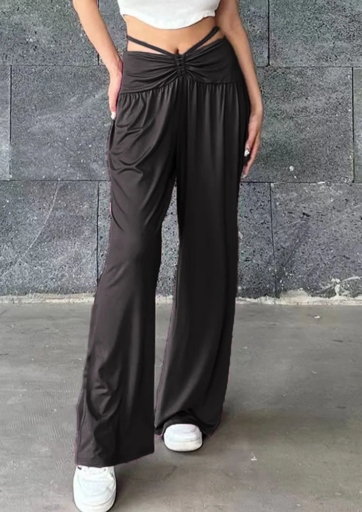 BLACK SHIRRED-STRAP WIDE TROUSER