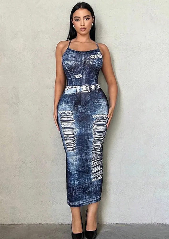 DENIM PRINT HALTER NECK PENCIL DRESS