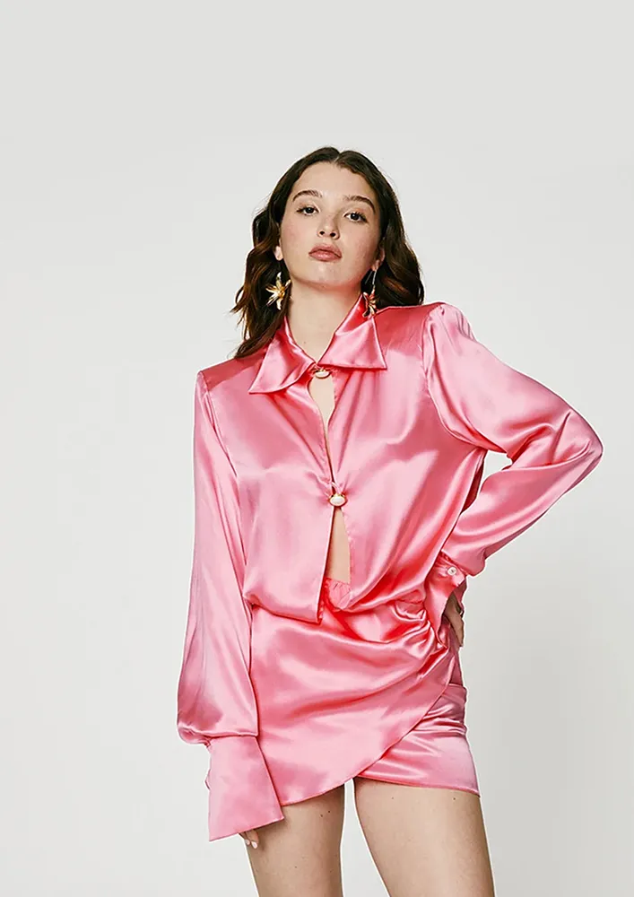 SATIN PINK OPEN-FRONT SHIRT DRESS