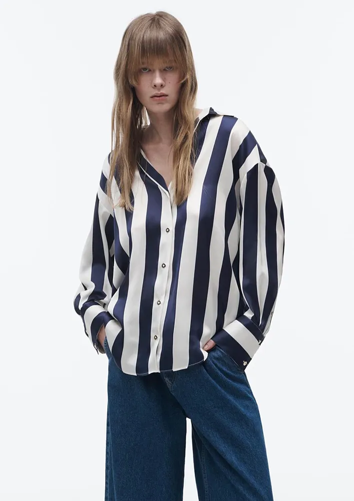 WIDE STRIPE PRINT DARK BLUE SHIRT