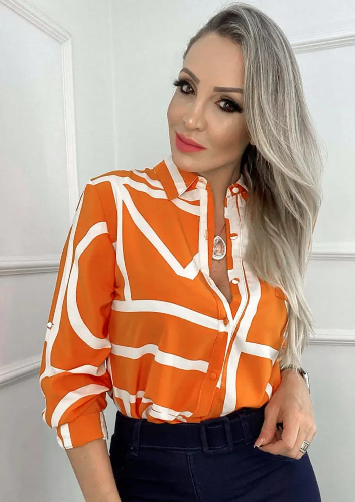 ORANGE POLYESTER CONTRAST PRINT SHIRT