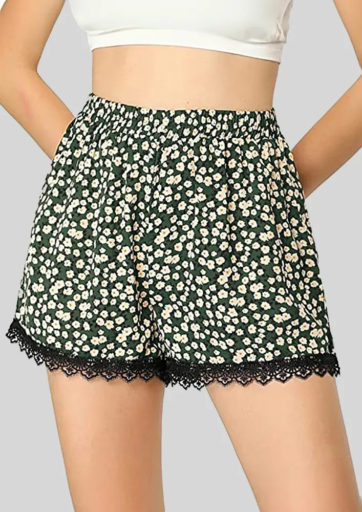 Green Lace-hem Beach Shorts
