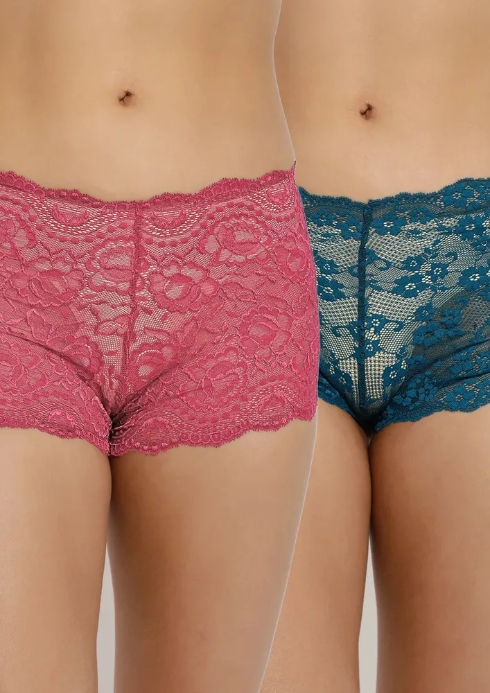 ALLURE ME LACE PINK & BLUE BOYSHORT SET