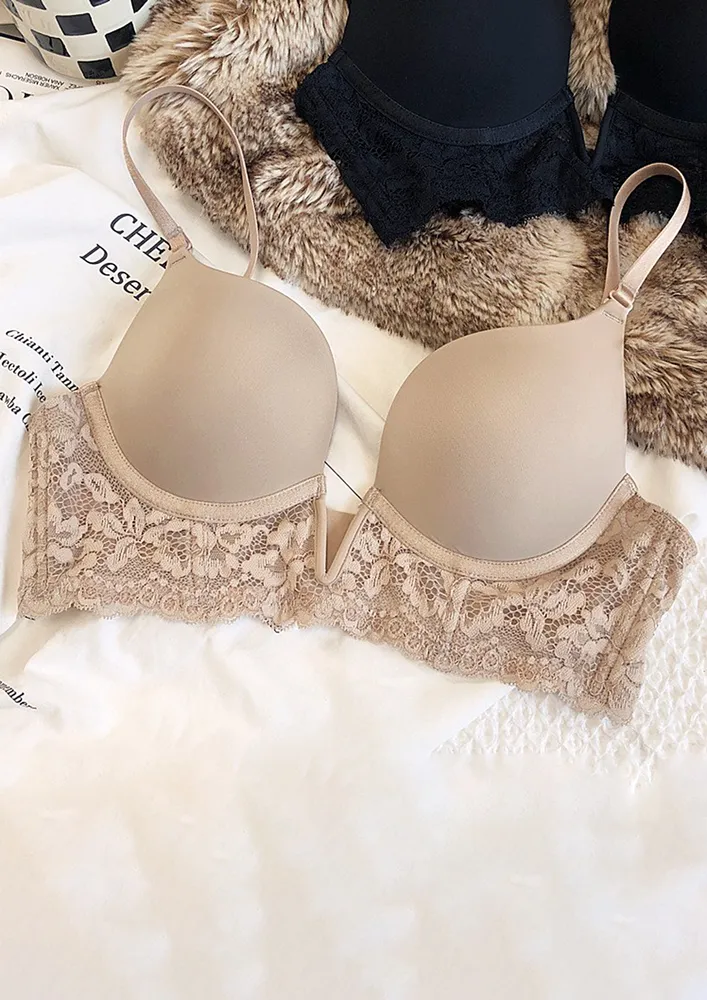 BEIGE LACE-TRIM PLUNGING PADDED BRA