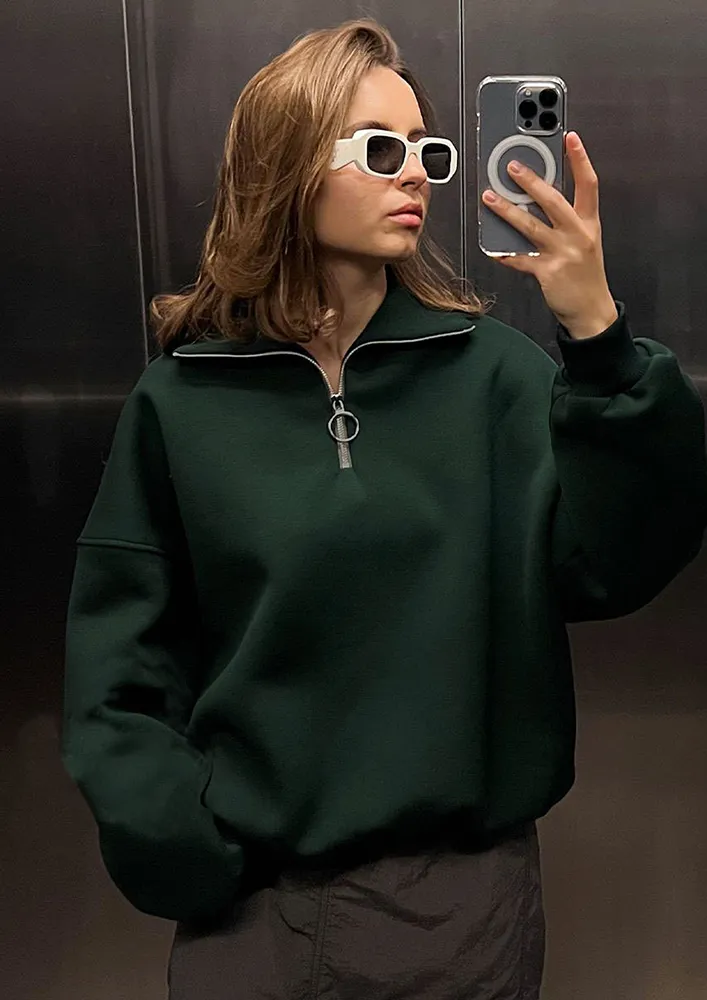 HALF-ZIPPER DARK GREEN LOOSE SWEATSHIRT