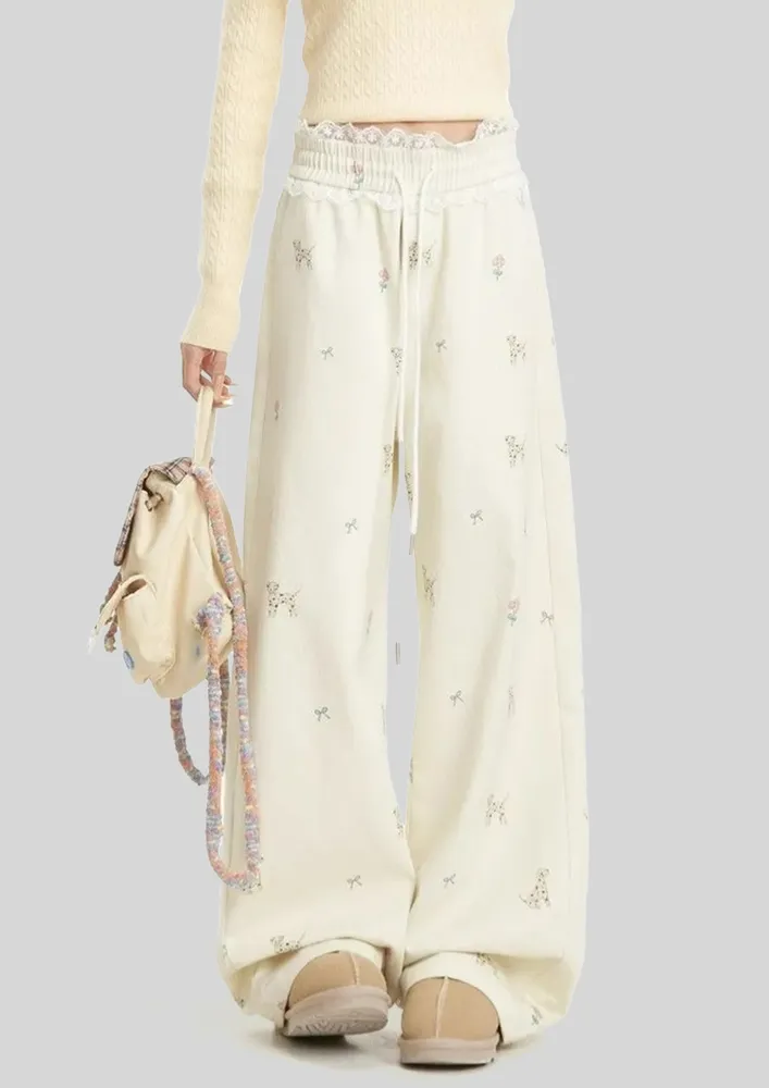 Printed Lace-trimmed Wide Leg Pants