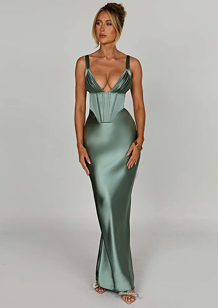 SATIN PLUNGING GREEN CORSET DRESS