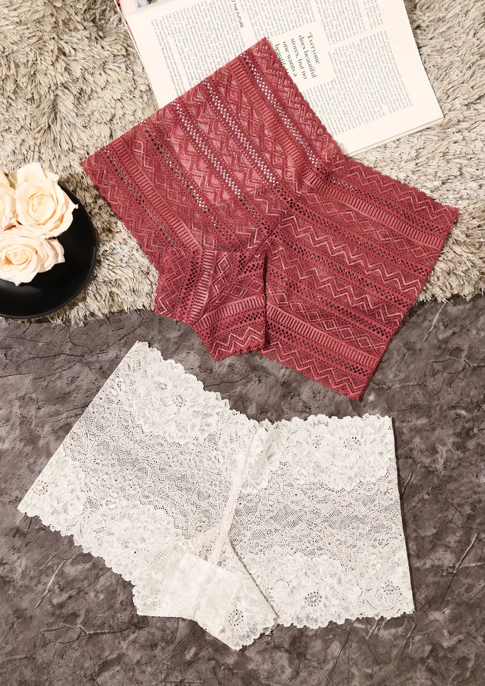 DELIGHTFUL RED AND WHITE LACE BOY SHORTS SET OF 2