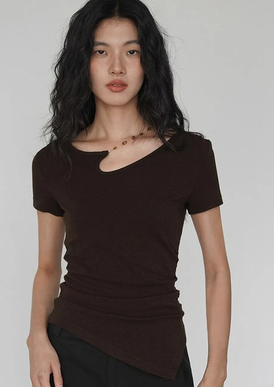 Brown Cut-out Asymmetric Neck Black Top