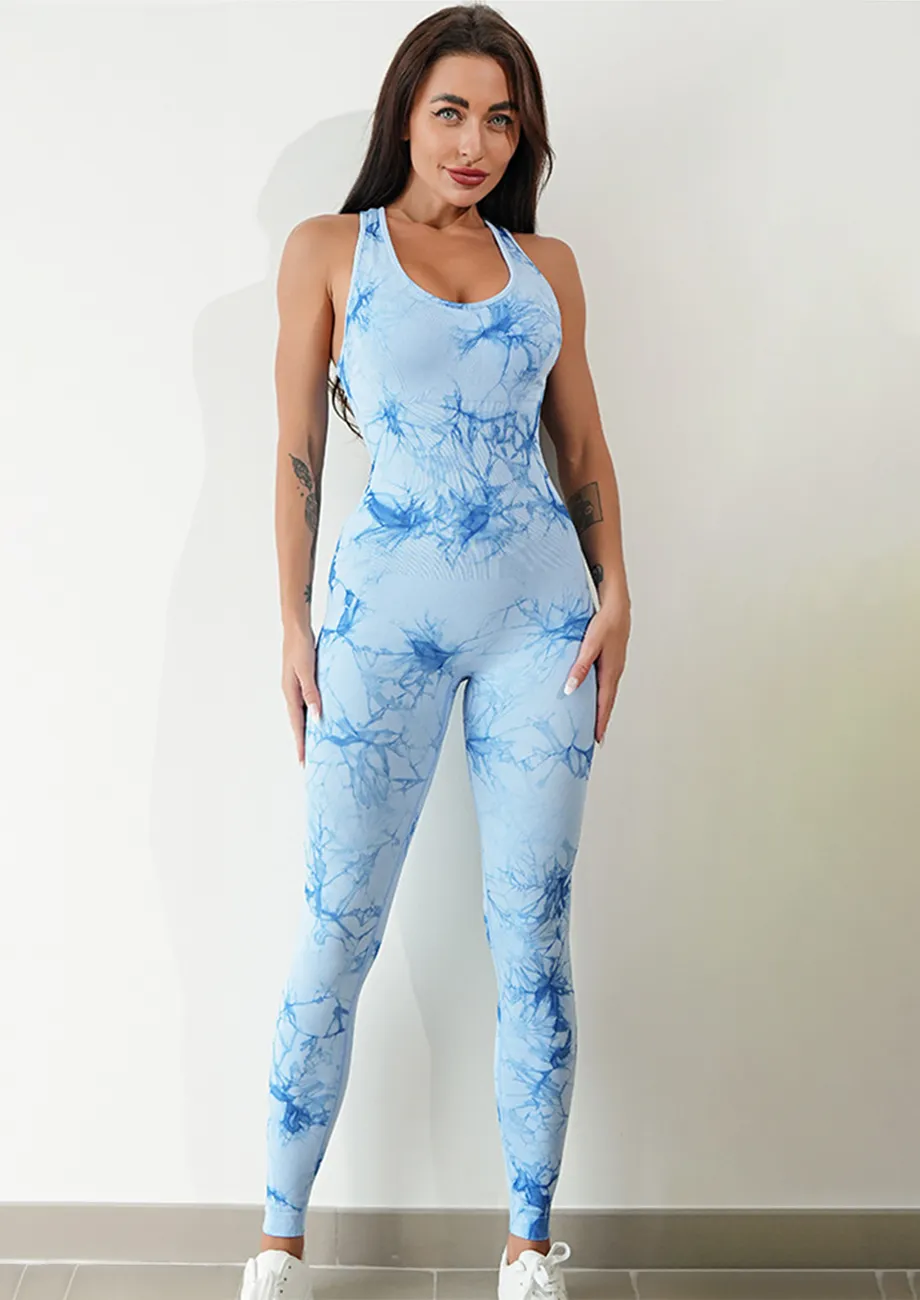 Blue Tie-dye Pattern Sports Jumpsuit