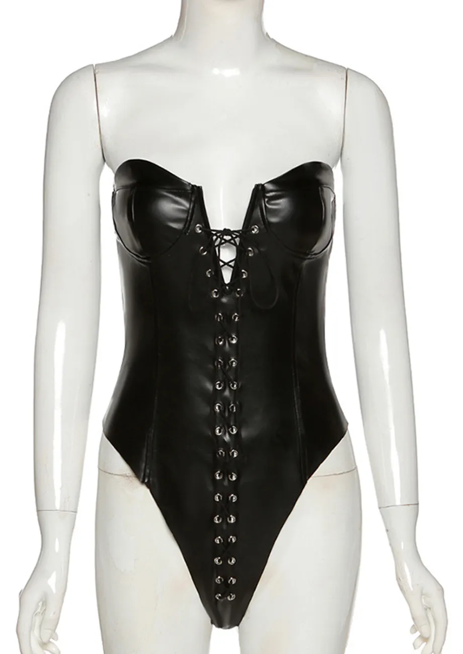 Buy PU BLACK LACE UP DETAIL BODYSUIT for Women Online in India