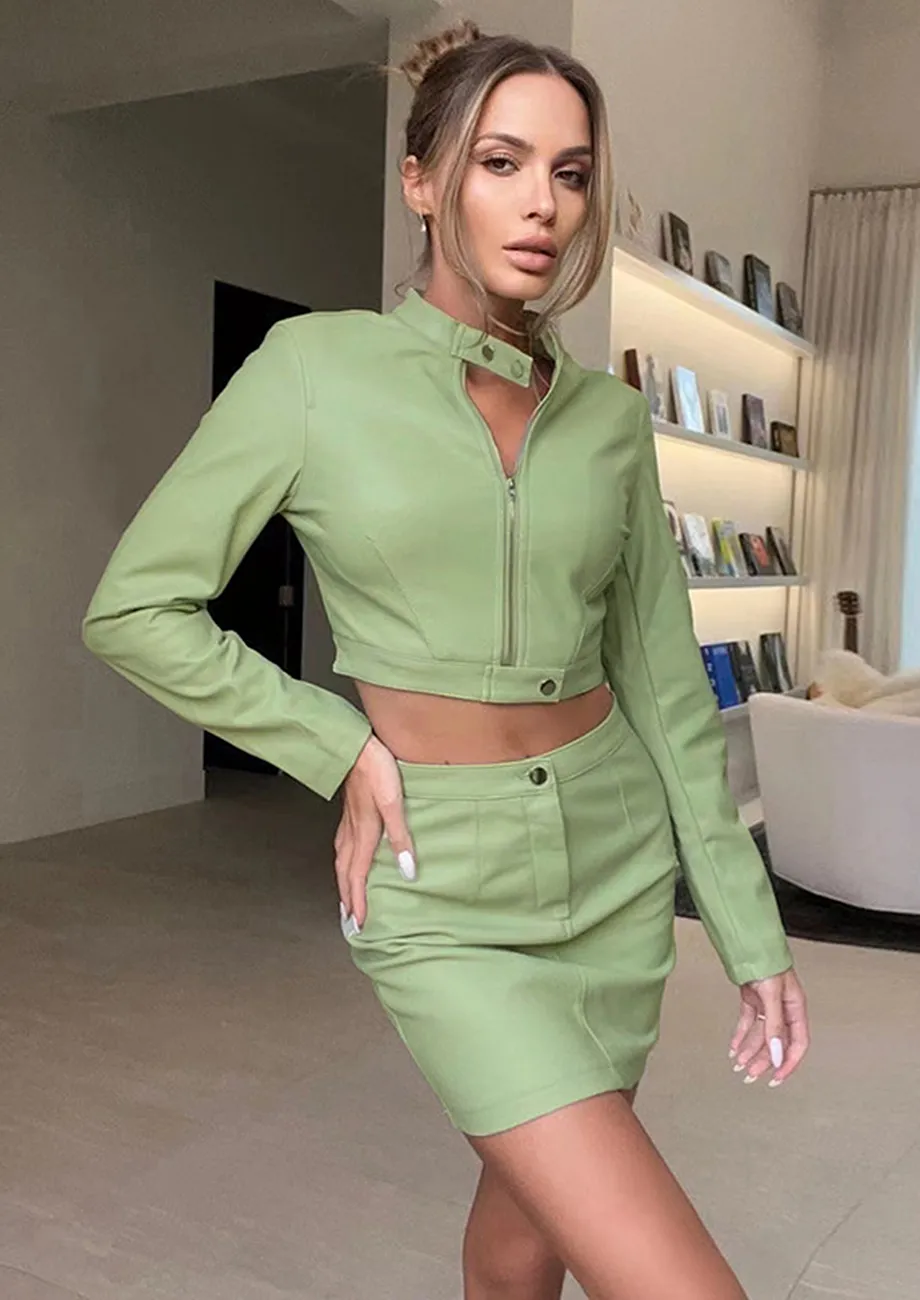 Buy GREEN FAUX LEATHER JACKET SKIRT SET for Women Online in India