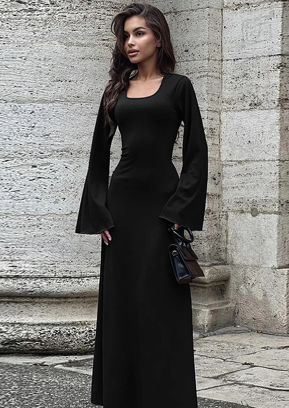 Long black dress with bell sleeves best sale