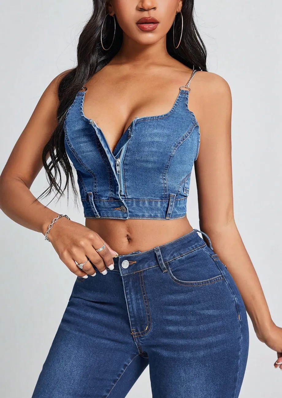 Blue Denim Chain Strap Crop Top