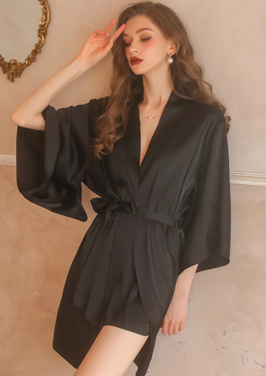 Buy TIE BELT BLACK SATIN DRESSING GOWN for Women Online in India