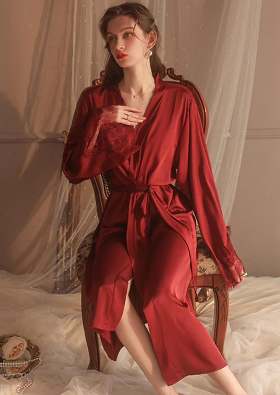 Buy LACEE TRIM SATIN CRIMSON NIGHT ROBE for Women Online in India