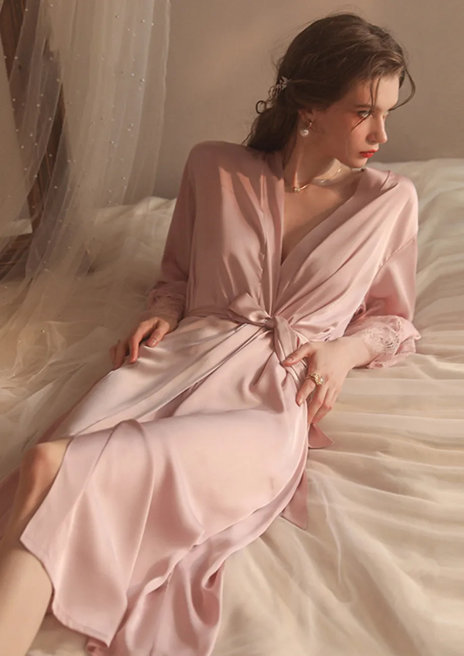Buy LACEE TRIM SATIN PINK NIGHT ROBE for Women Online in India