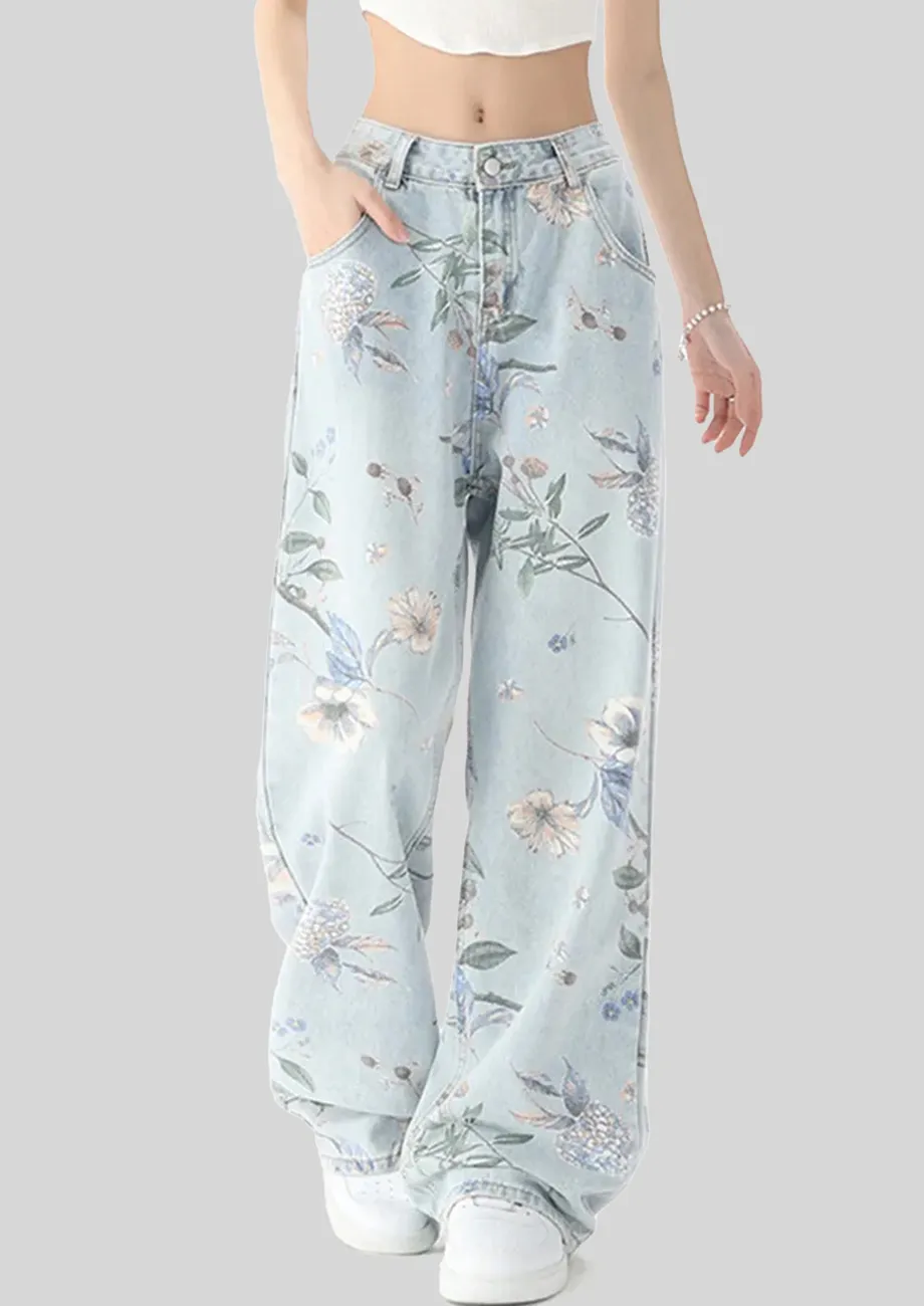 Blue Floral Print Loose Straight Jeans