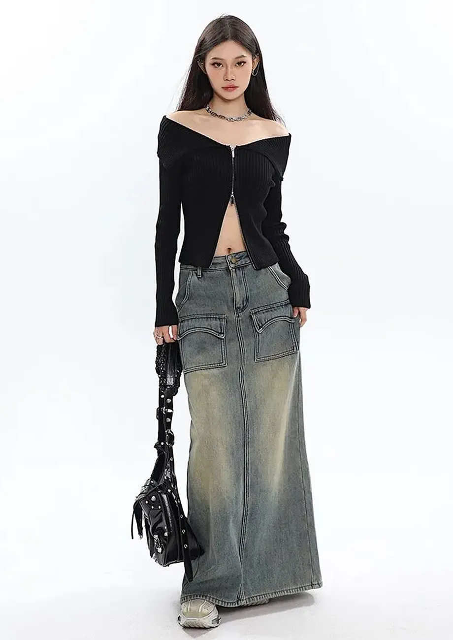 BLACK RIB-KNIT ZIP-UP OFF-SHOULDER TOP