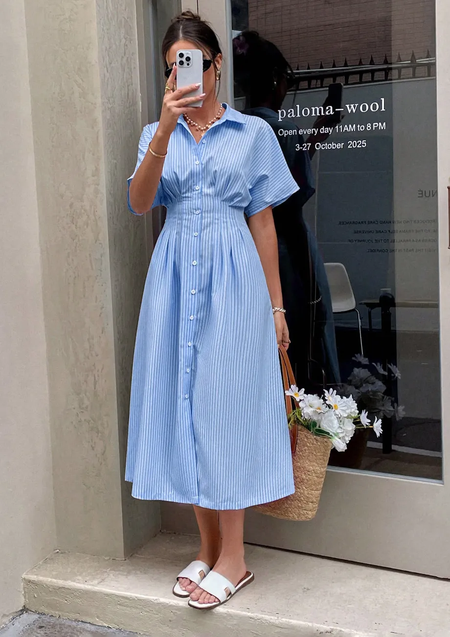 Blue Striped Shirt Collar Midi Dress