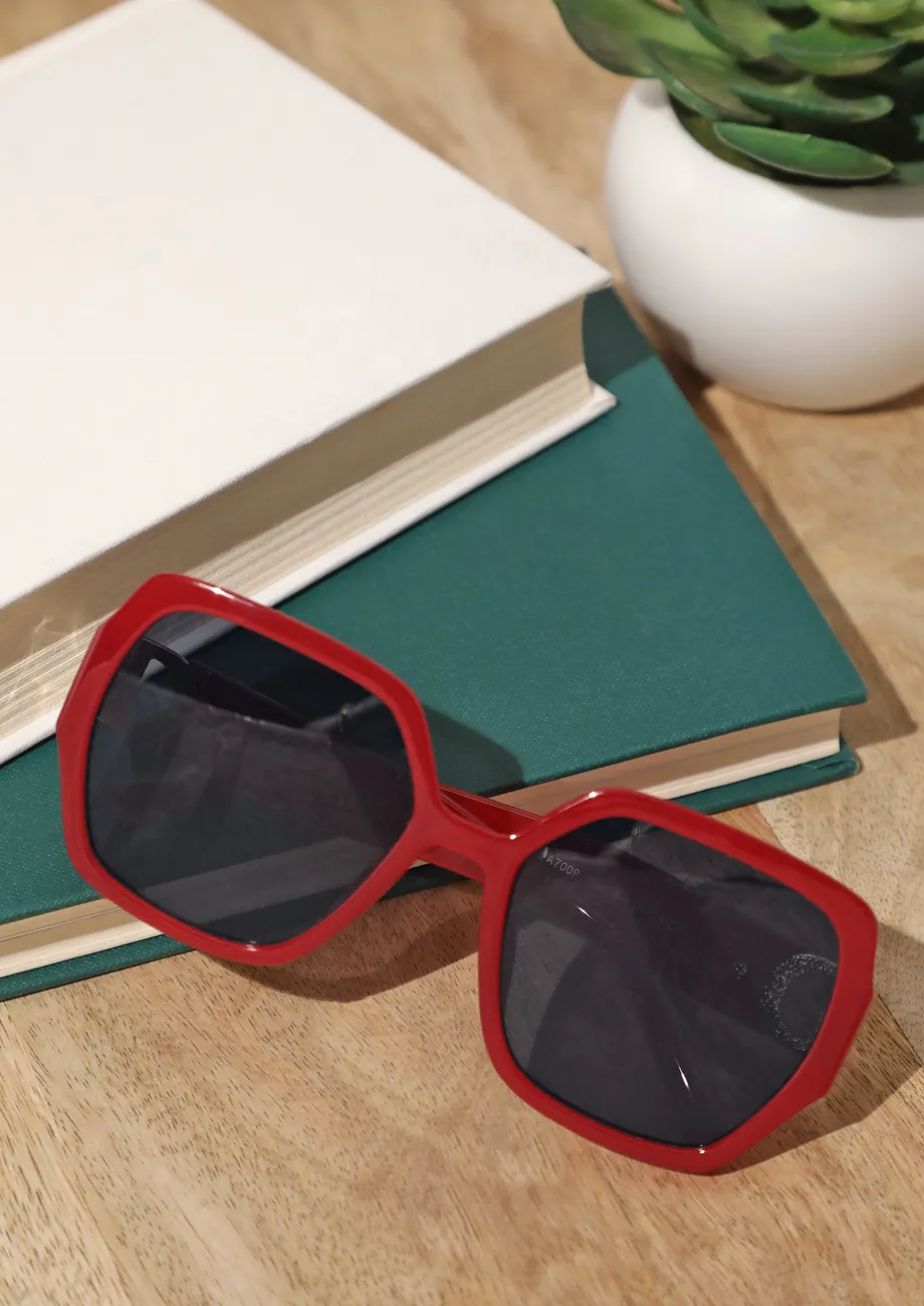 RED-GREY SQUARE WAYFARER SUNGLASSES