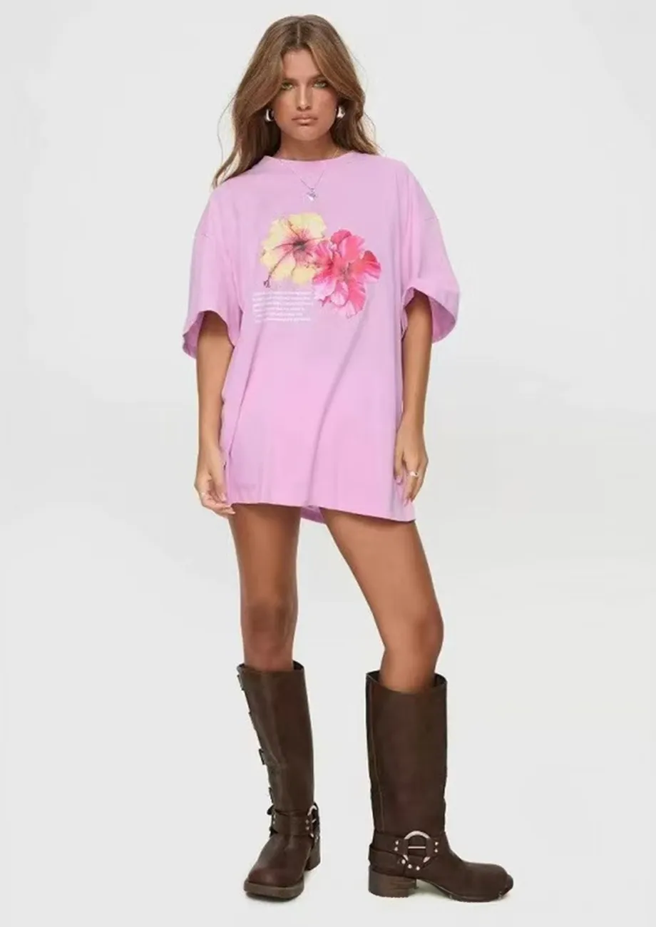 Buy Pink Floral Graphic Oversized Tee for Women Online in India