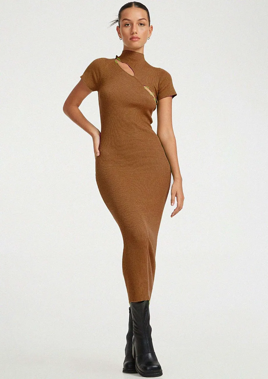 Buy Dark Brown Cut out Midi Bodycon Dress for Women Online in India