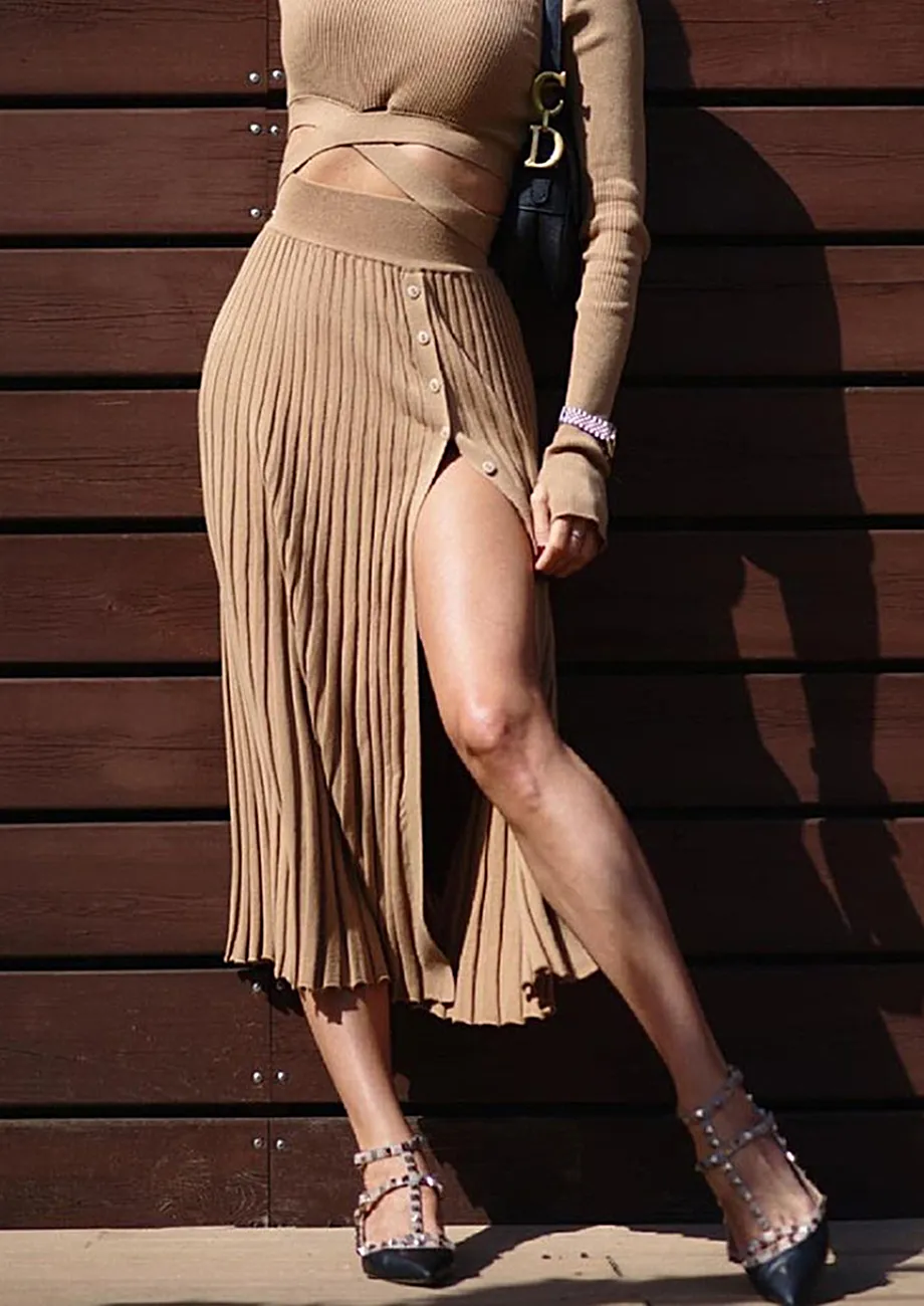 Buy HIGH WAIST RIBBED BROWN MIDI SKIRT for Women Online in India