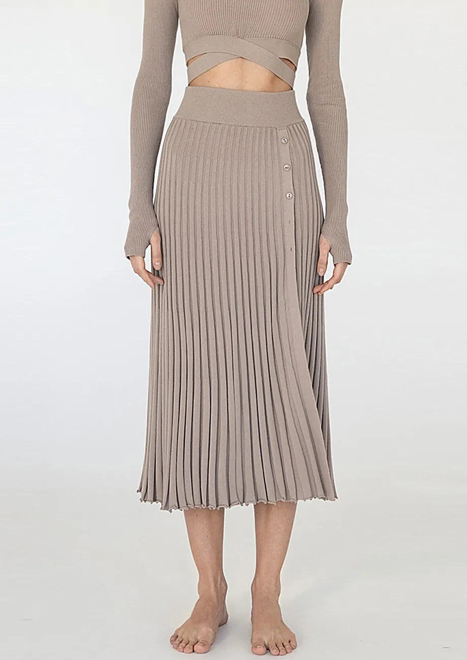 HIGH-WAIST RIBBED GRAY KHAKI MIDI SKIRT