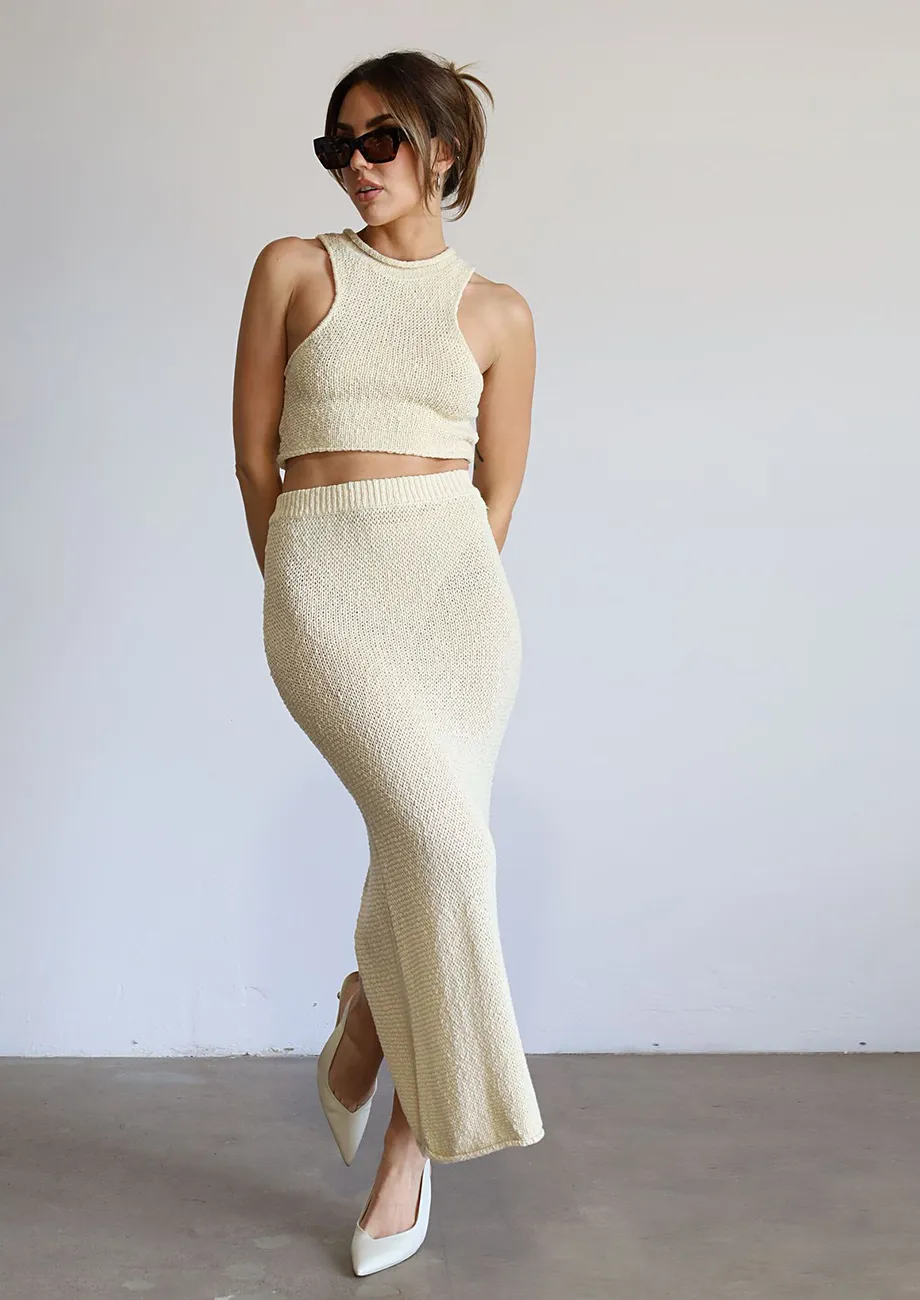 White Knitted Vest And Skirt Set