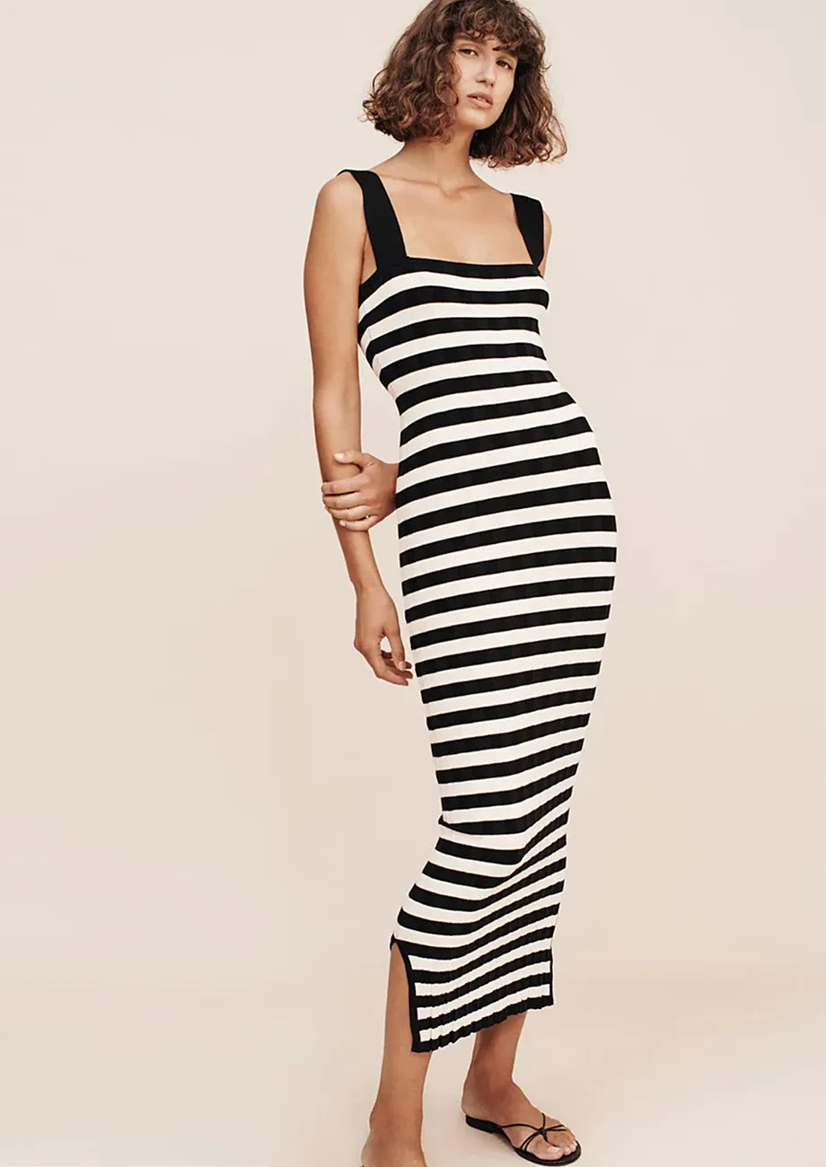 Buy Black White Striped Maxi Dress with Side Slit for Women Online in India