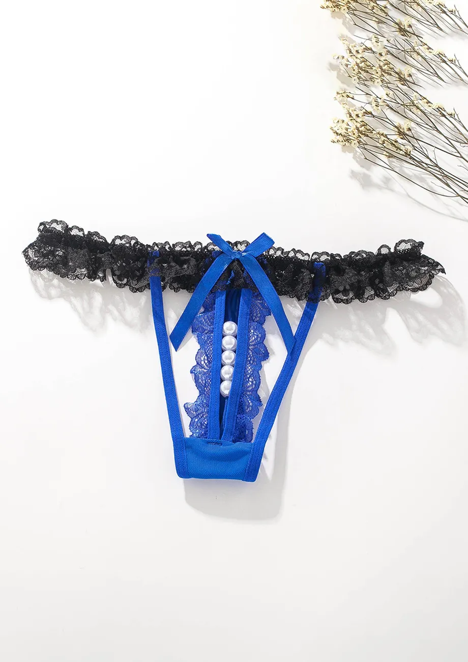 PEARL STRAP TWO-TONE BLUE LACE THONG