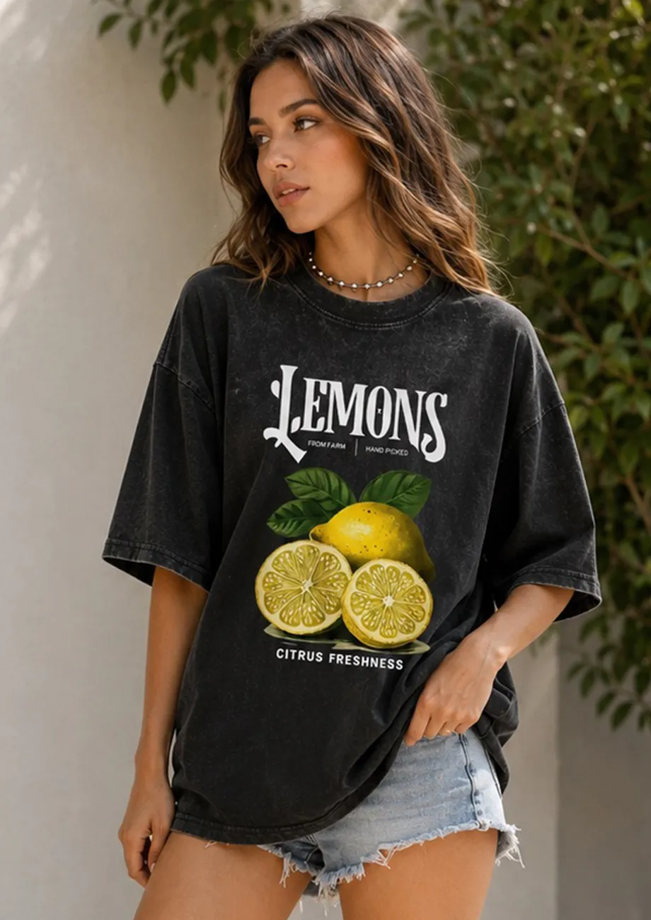 Buy Black Graphic Lemon Oversized T-shirt for Women Online in India