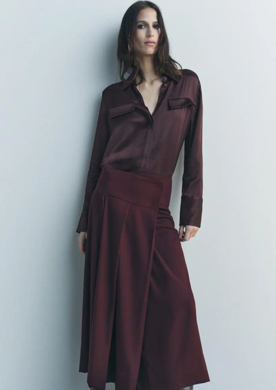 Claret Box Pleat Midi Skirt