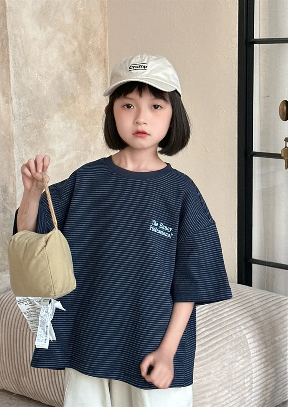 Unisex Kidswear Blue Thin Striped Boxy T-shirt