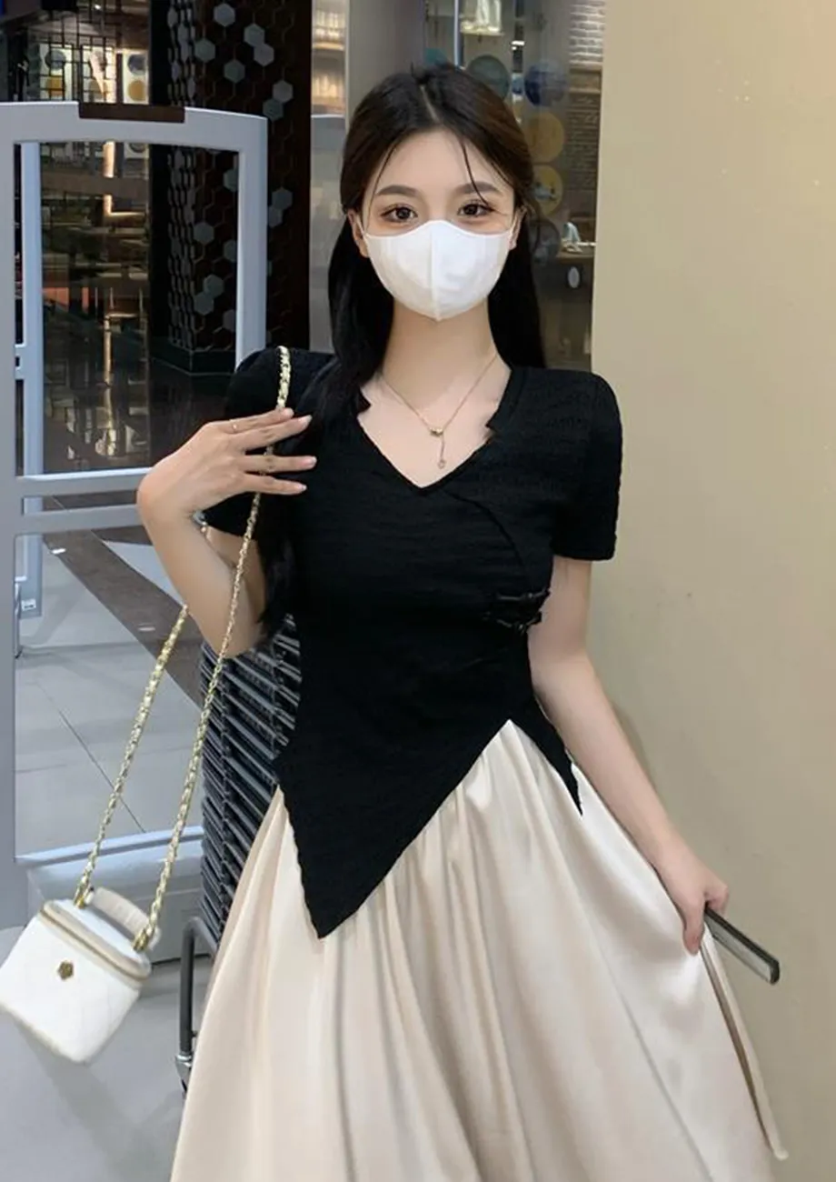 BLACK IRREGULAR-HEM CASUAL T-SHIRT