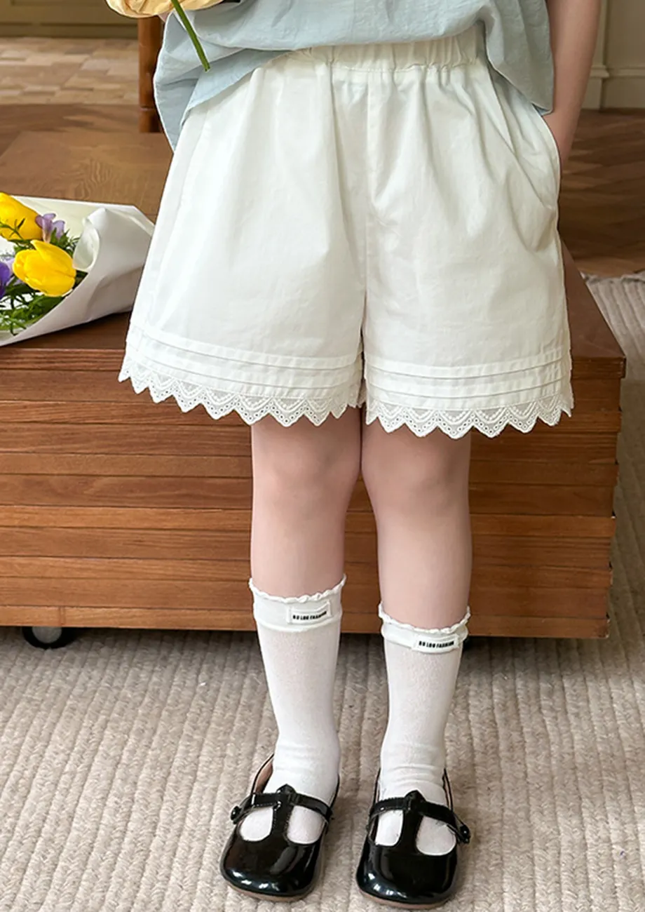 White Lace Trim Girls Shorts