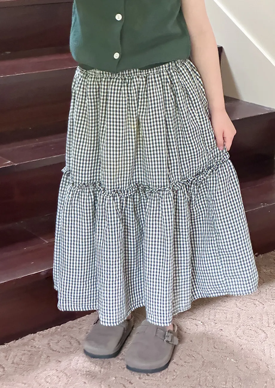 Girls Black Tiered Gingham Midi Skirt