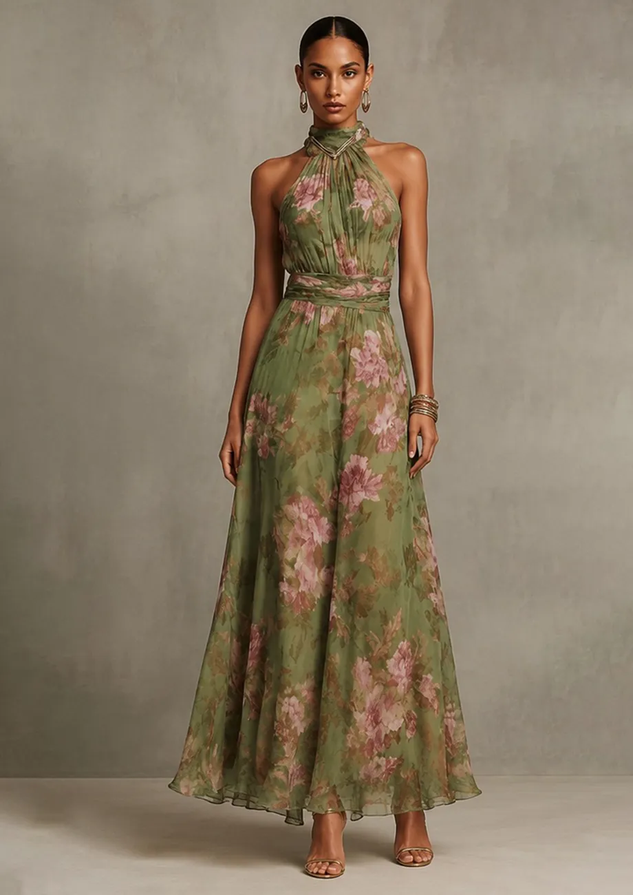 green floral halter neck dress Floral Halter Neck Maxi Dress JardinVue