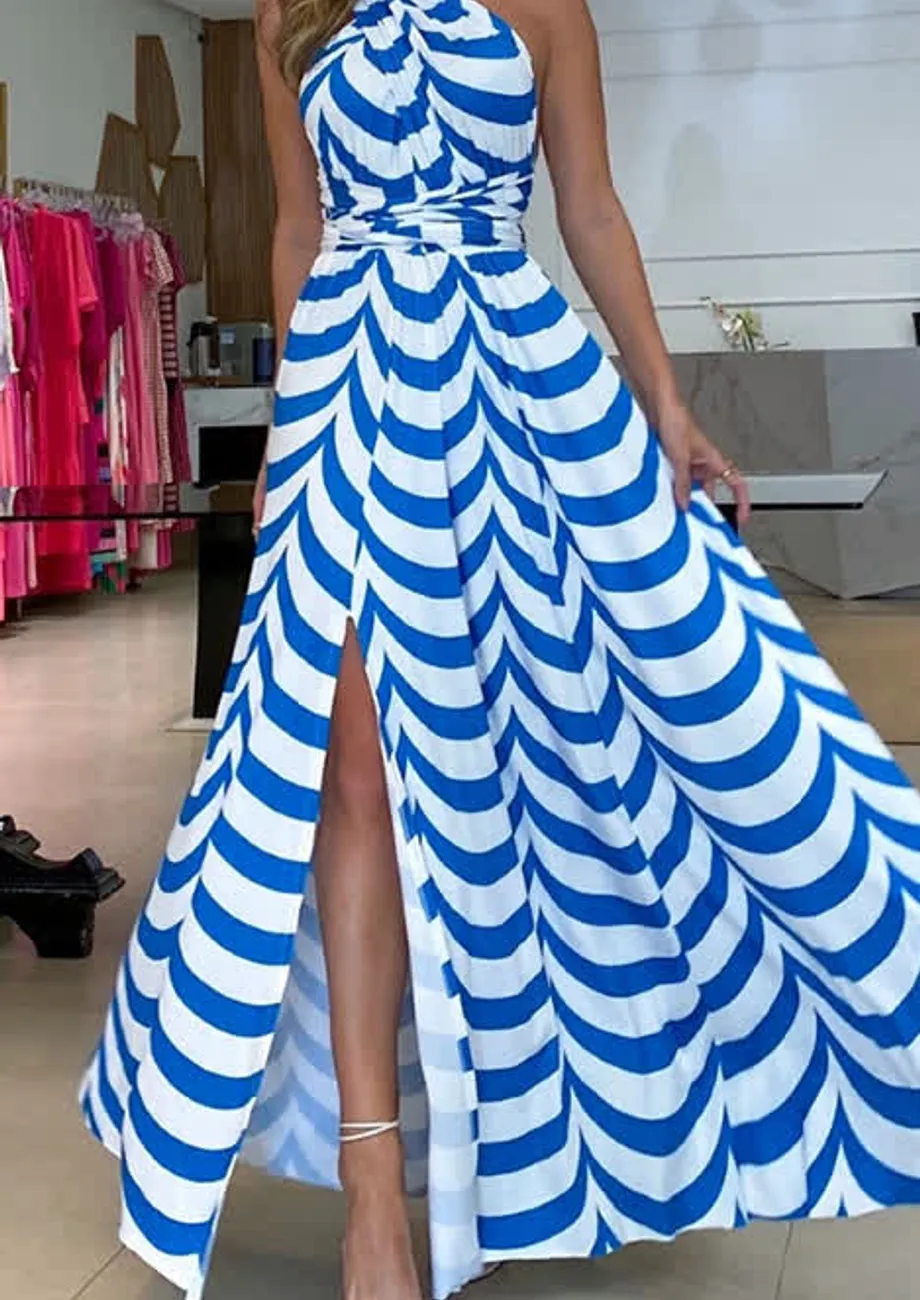 Blue and fashion white striped long dress